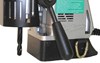 Jancy Magnetic Drill #06920 Close up of bottom with drill bit in frame that can drill 2 inches deep and is 1 3/8 inches big